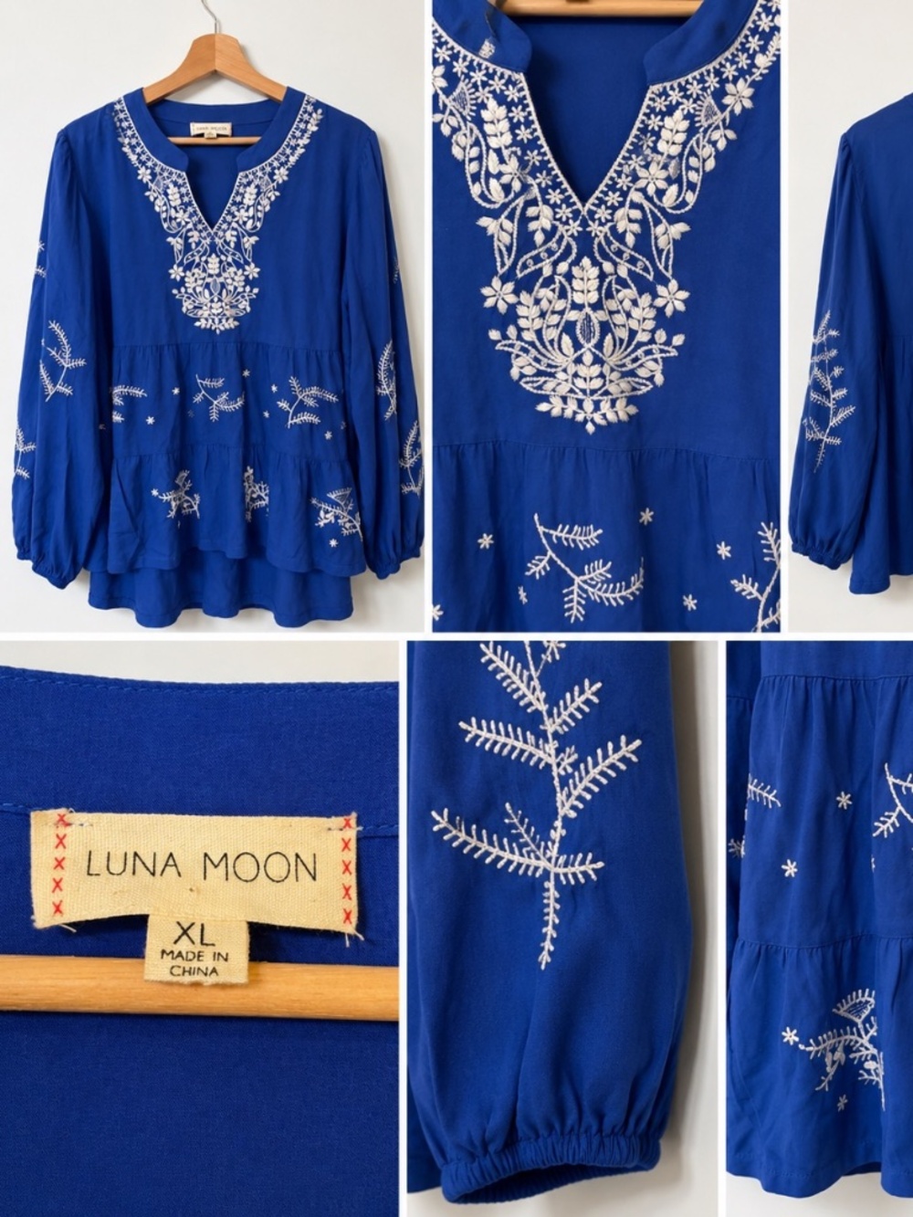 Luna Moon XL Cobalt Blue Embroidered Boho Peasant Blouse Cottagecore
